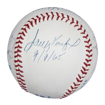 Perfect Game Pitchers Multi Signed OAL Brown Baseball With 7 Signatures Including Koufax, Larson & Hunter (Beckett)